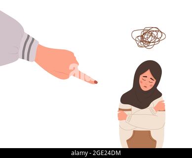 Bullismo sociale. Dito che punta sulla triste ragazza araba. Adolescente depresso in hijab seduto sul pavimento e piangendo. Violenza a scuola. Illustrazione vettoriale in Illustrazione Vettoriale