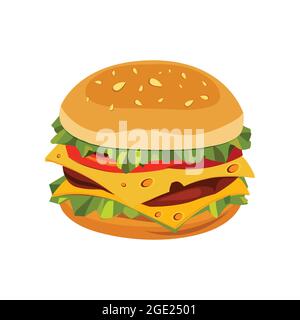 Vettore hamburger di formaggio isolato su bianco. Cibo veloce gustoso e fresco. Illustrazione Vettoriale