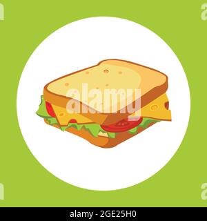 Sandwich con prosciutto, formaggio, pomodori, lattuga e pane tostato. Gustoso vettore sandwich isolato. Illustrazione Vettoriale
