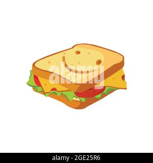 Sandwich con prosciutto, formaggio, pomodori, lattuga e pane tostato. Gustoso vettore sandwich isolato. Illustrazione Vettoriale