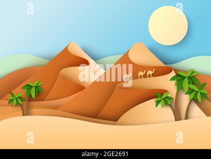 Tre cammelli che vagano deserto, carta vettoriale taglio illustrazione. Dune di sabbia, paesaggio desertico. Illustrazione Vettoriale