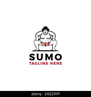 Logo sumo wrestler. Grasso, uomo in sovrappeso. Giapponese tradizionale logo sportivo ispirazione design Illustrazione Vettoriale