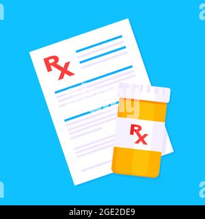 Flacone di pillola Rx per capsule o compresse e carta bianca prescrizione disegno disegno vettoriale. Illustrazione Vettoriale