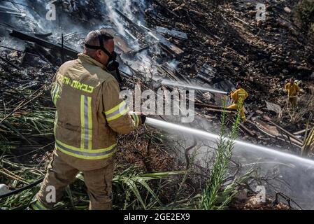 Gerusalemme, Israele. 16 agosto 2021. I vigili del fuoco spengono un grande incendio nella foresta appena fuori Gerusalemme. La polizia israeliana ha detto su Twitter che le evacuazioni erano iniziate in diversi villaggi colpiti dalle fiamme e le strade erano state bloccate. Credit: Ilia Yefimovich/dpa/Alamy Live News Foto Stock