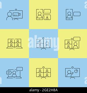 Semplice set di linee relative alle riunioni online Illustrazione Vettoriale