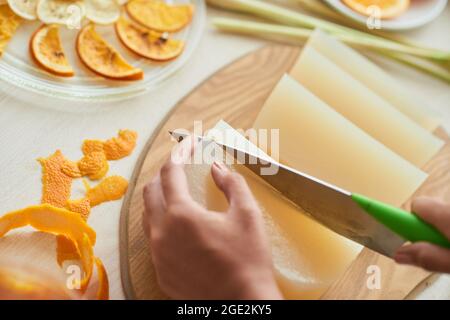 Immagine ravvicinata della giovane donna che fa sapone con sottili fette di limone e arancio Foto Stock