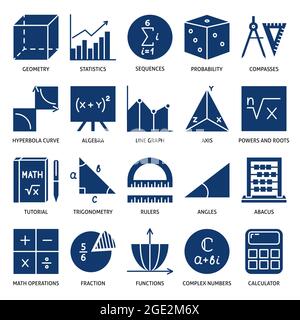 Icona dei simboli matematici impostata in stile piatto. Collezione matematica. Illustrazione vettoriale. Illustrazione Vettoriale