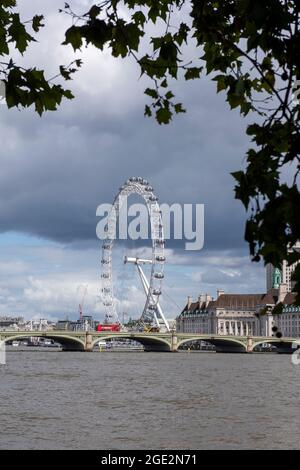 Il London Eye è stato visto dai Victoria Tower Gardens di Londra, Inghilterra, Regno Unito Foto Stock