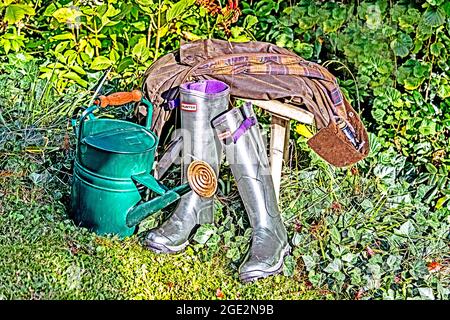 Abbigliamento tipico per il giardinaggio, stile inglese Foto Stock