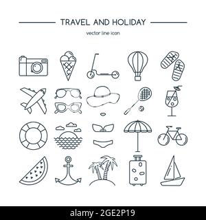 Set di icone per viaggi e vacanze. Illustrazione vettoriale. Illustrazione Vettoriale
