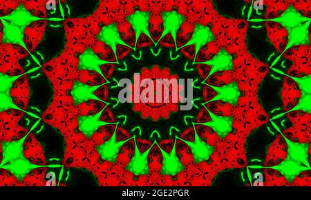 Sfondo astratto con ornamento rosso-verde. Modello Kaleidoscope per il design. Fiore rosso stilizzato su sfondo verde. Foto Stock