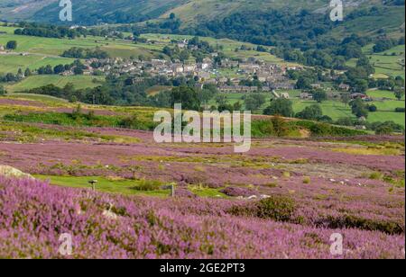 Il villaggio di Reeth a Swaledale, Yorkshire Dales, Regno Unito, il 12 agosto, noto anche come il glorioso 12 ° quando l'erica viola ione la brughiera gorgoniera Foto Stock