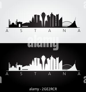 Profilo dello skyline di Astana e dei punti di riferimento, design in bianco e nero, illustrazione vettoriale. Illustrazione Vettoriale