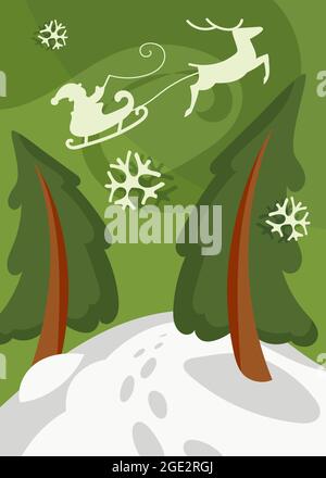 Babbo Natale che vola in slitta sopra gli spruces. Poster di Natale in stile cartoon. Illustrazione Vettoriale