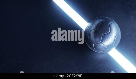 Primo piano di un futuristico campo da calcio indoor futsal nero con background di concetto di palla e copy space Foto Stock