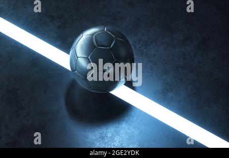 Primo piano di un campo da calcio futurale nero vuoto con sfondo a palla di calcio Foto Stock