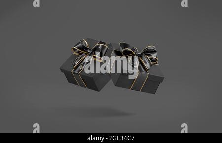 Confezione regalo nera vuota con mockup del nastro dorato, senza gravità, rendering 3d. Contenitore decorativo vuoto e chiuso per il mock-up presente, sfondo scuro. EMP Foto Stock