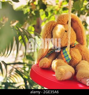 Coniglio giocattolo su un albero. Primo piano del giocattolo morbido Foto Stock