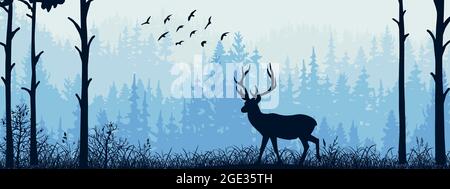 Banner orizzontale. Silhouette di cervo in piedi sul prato in Forrest. Silhouette di animale, alberi, erba. Magico paesaggio nebby, nebbia. Blu e grigio i Illustrazione Vettoriale