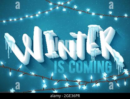 L'inverno sta venendo poster con l'abeti realistico, le cicette e le luci scintillanti di natale. Illustrazione vettoriale. Illustrazione Vettoriale