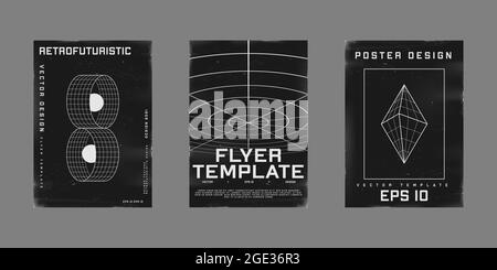 Set di poster di design retrofuturistico. Poster in stile cyberpunk degli anni '80 con portali circolari, griglie polari prospettiche e bipiramidali. Volantino graffiato Illustrazione Vettoriale