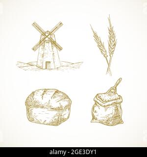 Set di illustrazioni per Miller e prodotti da forno disegnati a mano. Vector Windmill, Flour Sack con una Scoop, chicas di frumento e schizzi di pane raccolta. Pacchetto doodles Illustrazione Vettoriale