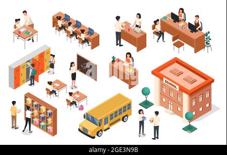 Scuola isometrica. Insegnante in lavagna, alunni seduti alle scrivanie. Edificio scolastico e autobus, mobili per aule. Insieme vettoriale per insegnanti e studenti. Gli studenti nascondono i libri negli armadietti, leggendo in biblioteca Illustrazione Vettoriale