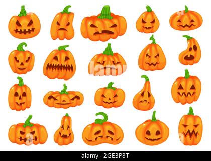 Zucche di Halloween di Cartoon con volti spaventosi, elementi di decorazione caduta. Carino lanterna di zucca arancione con viso spooky, decorazione d'autunno insieme vettoriale. Celebrazione tradizionale con espressioni horror Illustrazione Vettoriale