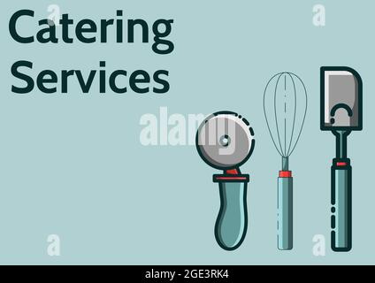 Composizione del testo dei servizi di ristorazione e degli utensili da cucina su sfondo blu Foto Stock