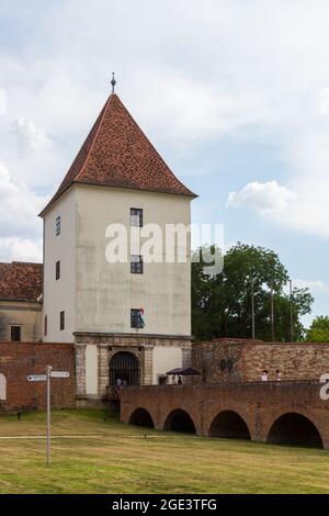 Ingresso principale e torre di Nadaddy-var (Castello di Nadaddy), Sarvar, Ungheria Foto Stock