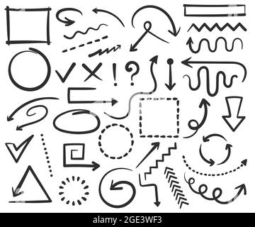 Freccette e cornici, cerchi disegnati a mano, forme quadrate. Freccia di schizzo, bordo, cornice, segno di spunta, puntatore per tracciare il gruppo di vettori di disegno. Segni di scribbling, punti interrogativi ed esclamativi Illustrazione Vettoriale