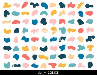Forme liquide astratte, blob casuali organici, elementi fluidi. Bolla colorata, spatolatura, goccia. Insieme di vettori di forma geometrica arrotondata irregolare. Pietre di base colorate di forme asimmetriche Illustrazione Vettoriale