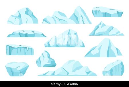 Iceberg cartoni animati, rocce di ghiaccio artico, ghiacciai antartici. Palo nord ghiacciato montagna, ghiaccio galleggiante, iceberg galleggiante, blocchi congelati vettore set. Pezzi congelati in acqua trasparente isolati su bianco Illustrazione Vettoriale