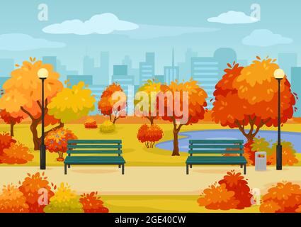 Cartoon autunnale strada parco della città con panchine, alberi e cespugli. Autunno stagione scena all'aperto parchi passerella, giallo e rosso albero vettore illustrazione. Paesaggio naturale e skyline con lucernari Illustrazione Vettoriale
