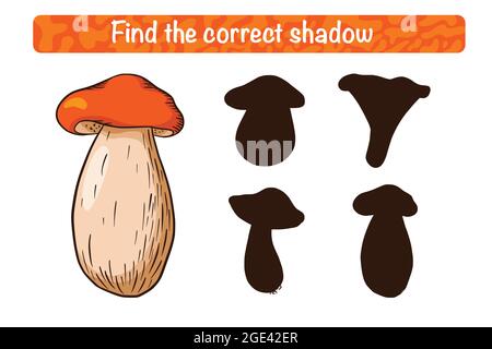 Trova il gioco educativo corretto Boletus Shadow arancione-cap per i bambini. Attività di abbinamento ombra per bambini con funghi commestibili. Puzzle prescolare. Foglio di lavoro didattico. Trova il gioco di silhouette corretto Illustrazione Vettoriale
