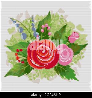 bel bouquet con rose rosse e foglie. Arrangiamento floreale. Illustrazione del ricamo a punto incrociato. Imitazione della struttura in tela lavorata a maglia. Fabri Foto Stock