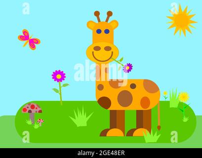 Carino giraffa cartoon e design paesaggio. Illustrazione vettoriale della fauna selvatica africana, Sudafrica Foto Stock