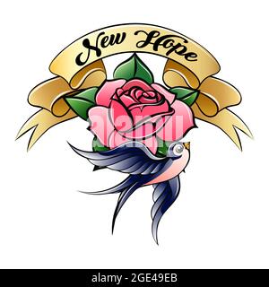 Tatuaggio in stile vecchio-scuola di un inghiottito con rosa e banner New Hope isolato su bianco. Illustrazione vettoriale. Illustrazione Vettoriale