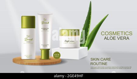 Aloe vera cosmetici Vector realistico. Biberon per la preparazione di prodotti in crema. Lozione per etichette di design per imballaggio Illustrazione Vettoriale