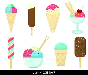 Insieme di diversi tipi di illustrazione vettoriale del gelato. Raccolta di papsicle di latticini, in una tazza di waffle, su un bastone e in una ciotola. Aggiornamento estivo Illustrazione Vettoriale