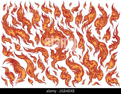 Fiamme. Set di design. Illustrazione disegnata a mano modificabile. Incisione vettoriale. Isolato su sfondo bianco. 8 EPS Illustrazione Vettoriale