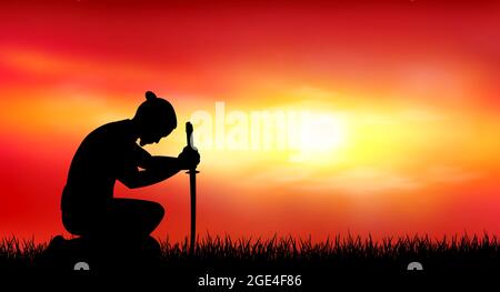 Un uomo si inginocchia con una spada in mano sullo sfondo di un tramonto soleggiato. Illustrazione Vettoriale