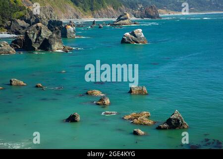 Vista sulla costa dall'Oregon Coast Trail, dal Sisters Rock state Park, Oregon Foto Stock