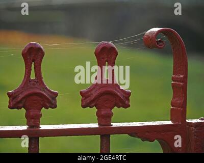 Fili di ringhiere scintillanti silken Spider su ringhiere in metallo ornato verniciato rosso lucido contrastano con l'erba verde in autunno luce solare Cumbria, Inghilterra, Regno Unito Foto Stock