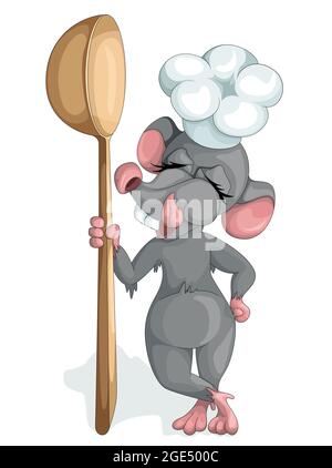 Immagine vettoriale di un mouse con gli attributi di un lavoratore della cucina sotto forma di un cappello da cucina e di una copertura in legno. Concetto. Stile cartone animato. EPS 10 Illustrazione Vettoriale