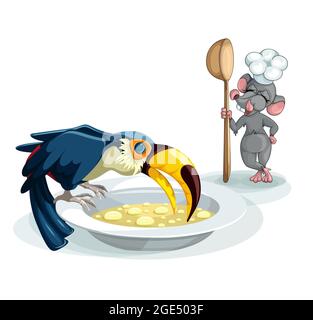 Immagine vettoriale di un mouse e di un toucan su sfondo bianco impegnato nella cucina e nella degustazione del cibo. Concetto. EPS 10 Illustrazione Vettoriale