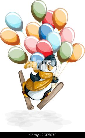 Immagine vettoriale di un pinguino in una forma comica sugli sci con un enorme mazzo di palline colorate. Cartone animato. Concetto. EPS 10 Illustrazione Vettoriale