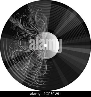 Immagine vettoriale di un disco musicale con un motivo o un'incisione in uno stile realistico con elementi cartoni animati. EPS 10. Isolato su sfondo bianco Illustrazione Vettoriale