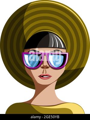 Immagine vettoriale di una ragazza vecchio stile che indossa un cappello e occhiali da sole, isolato su sfondo bianco. EPS 10 Illustrazione Vettoriale