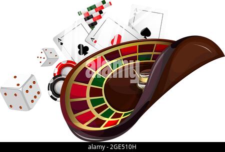 Immagine concettuale vettoriale per una struttura di gioco d'azzardo. Le carte da gioco, i chip del poker, la roulette sembrano fluttuare a gravità zero. ic app mobile gioco d'azzardo poker Illustrazione Vettoriale